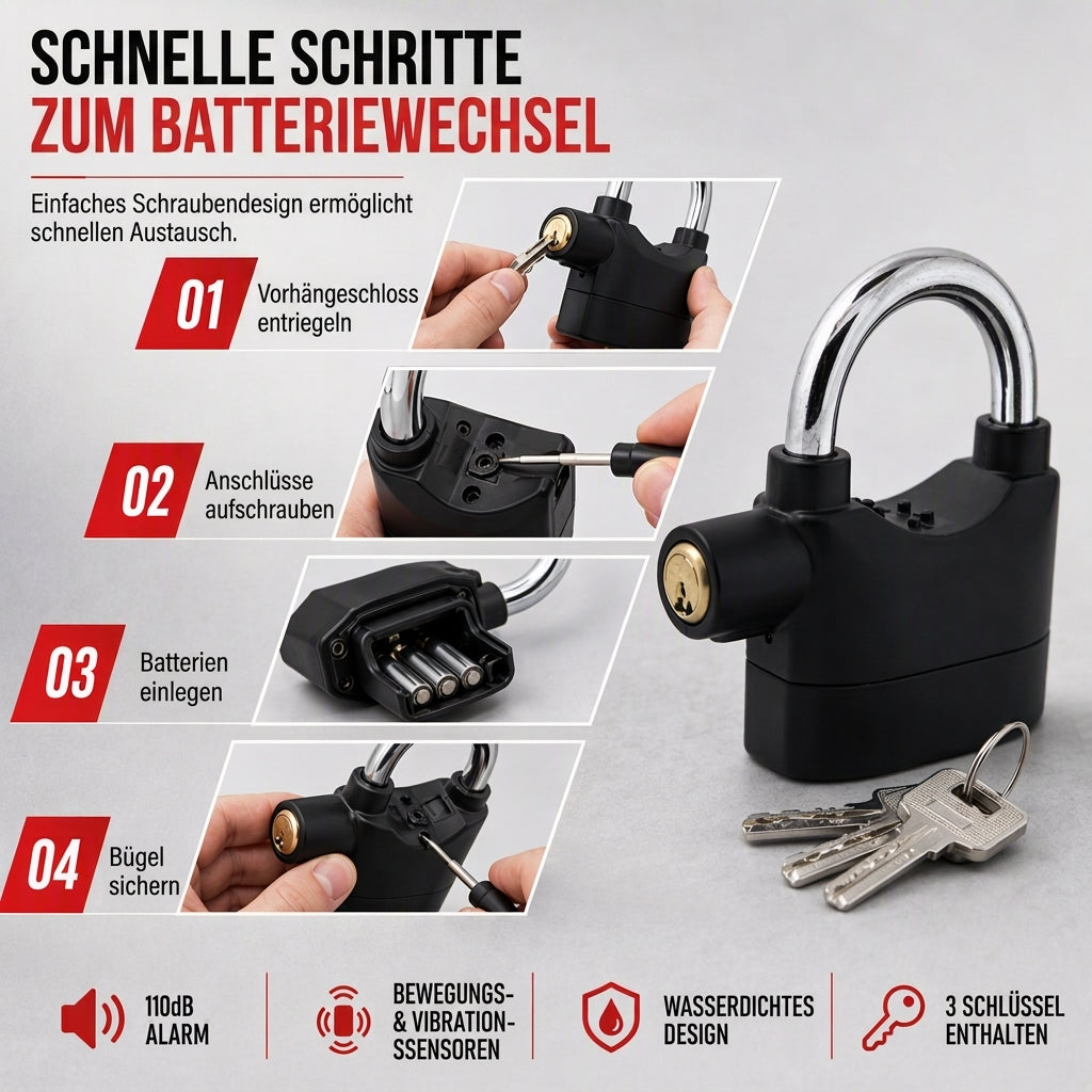 70mm-Aluminiumlegierungs-Diebstahlschutz-Alarm-Vorhängeschloss, Sicherheitsschloss für Tore, geeignet für Lager, Motorräder und Fahrräder, inklusive Batterien