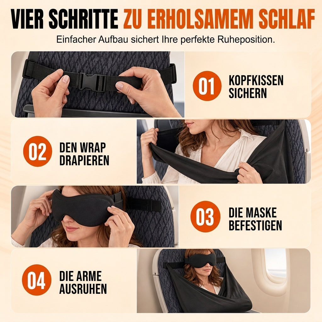 Set aus integriertem Memory-Foam-Reisekissen und 3D-abdunkelnder Schlafmaske zur Nackenstütze auf Reisen