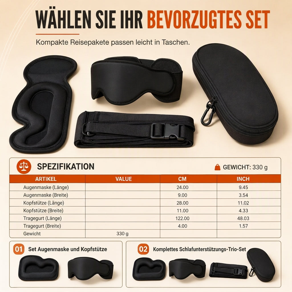 Set aus integriertem Memory-Foam-Reisekissen und 3D-abdunkelnder Schlafmaske zur Nackenstütze auf Reisen