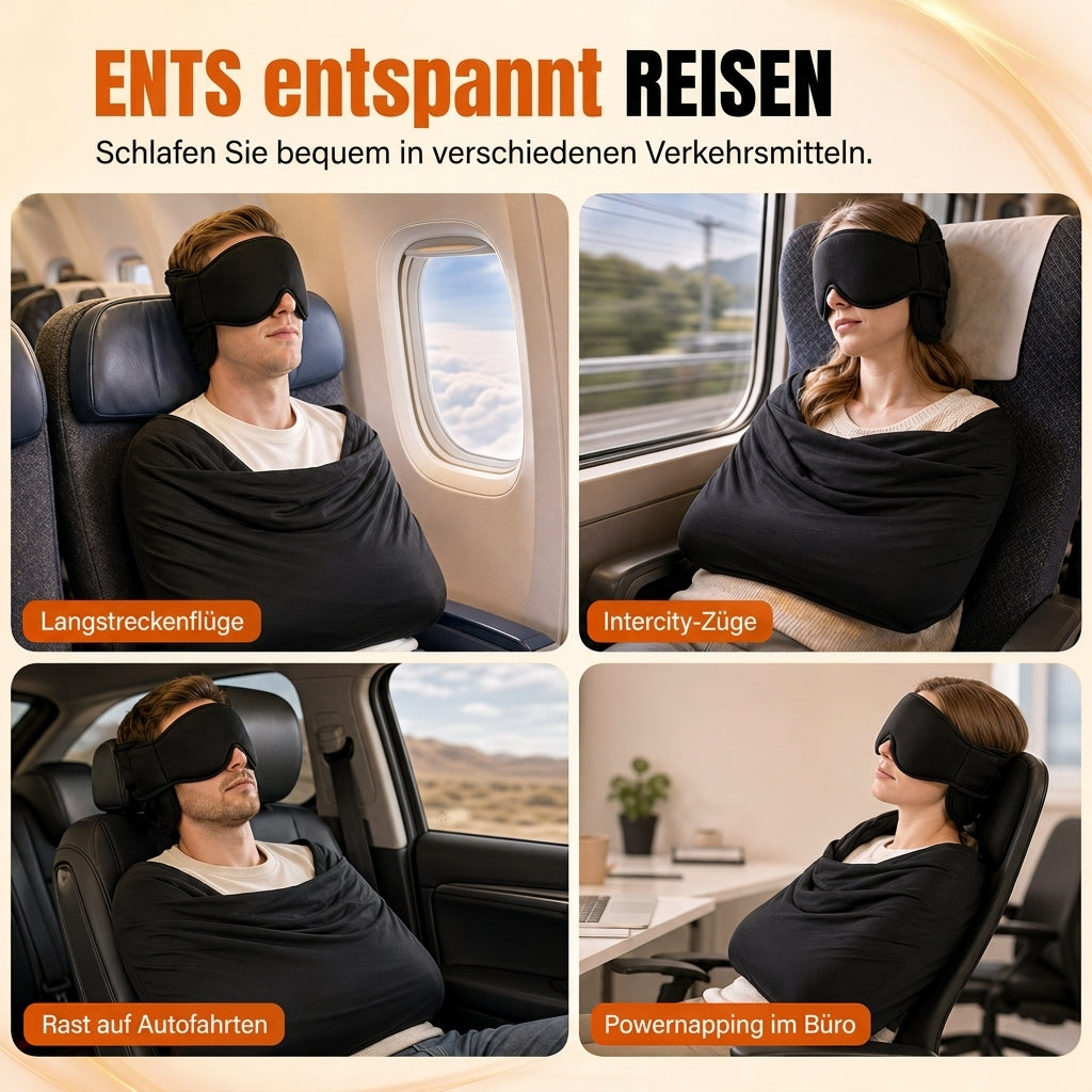 Set aus integriertem Memory-Foam-Reisekissen und 3D-abdunkelnder Schlafmaske zur Nackenstütze auf Reisen