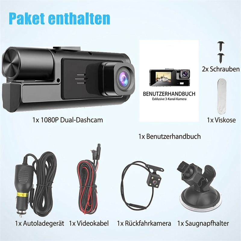 🔥 50 % RABATT! 🚗🎥 Dashcam mit 3 Kameras 1080P HD – Vorne + Innen + Hinten mit Rückfahrfunktion