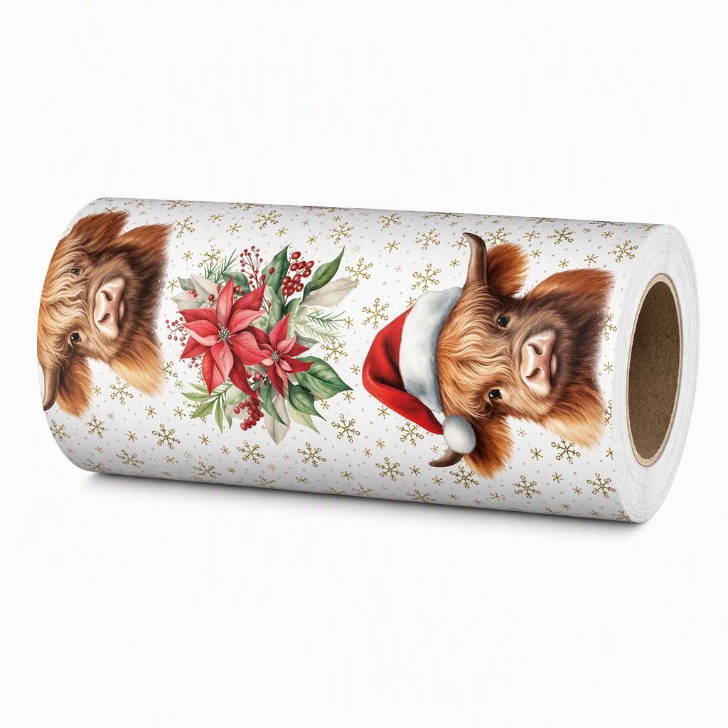 🎄 Nur für kurze Zeit 50% Rabatt! 🐄 Weihnachtliche Geschenkpapierrolle mit schottischem Hochland-Rind und Blumenmotiv – doppelseitig, dick, große Rolle ✨
