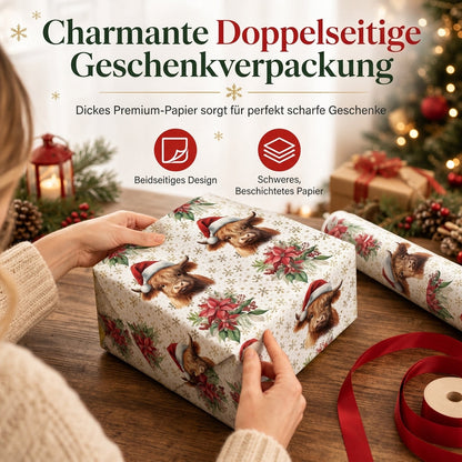 🎄 Nur für kurze Zeit 50% Rabatt! 🐄 Weihnachtliche Geschenkpapierrolle mit schottischem Hochland-Rind und Blumenmotiv – doppelseitig, dick, große Rolle ✨