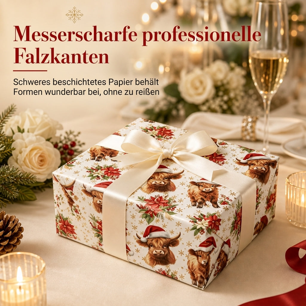 🎄 Nur für kurze Zeit 50% Rabatt! 🐄 Weihnachtliche Geschenkpapierrolle mit schottischem Hochland-Rind und Blumenmotiv – doppelseitig, dick, große Rolle ✨