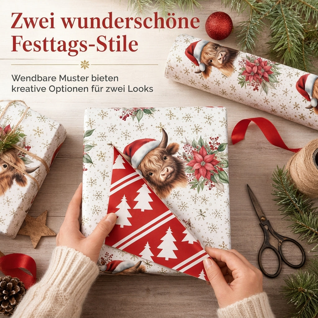 🎄 Nur für kurze Zeit 50% Rabatt! 🐄 Weihnachtliche Geschenkpapierrolle mit schottischem Hochland-Rind und Blumenmotiv – doppelseitig, dick, große Rolle ✨