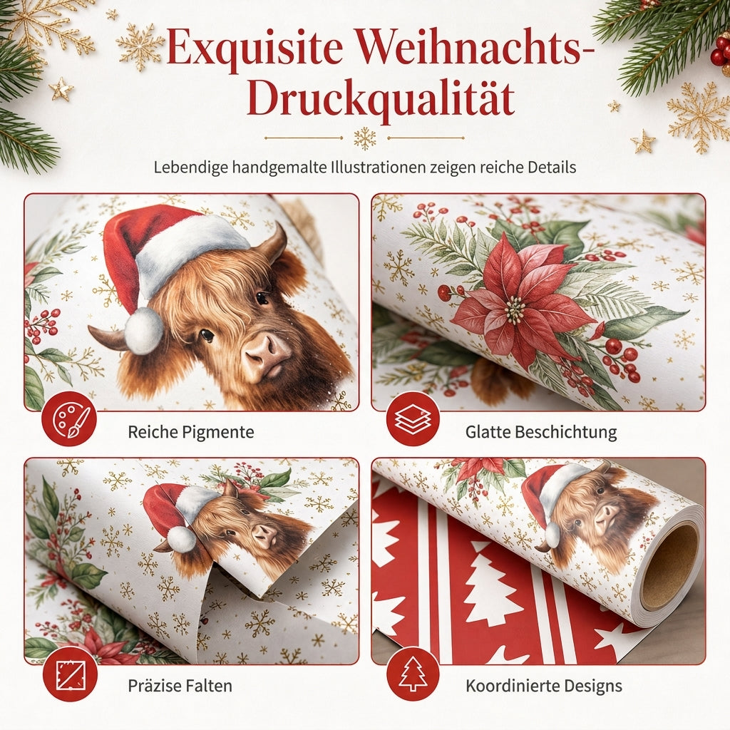 🎄 Nur für kurze Zeit 50% Rabatt! 🐄 Weihnachtliche Geschenkpapierrolle mit schottischem Hochland-Rind und Blumenmotiv – doppelseitig, dick, große Rolle ✨