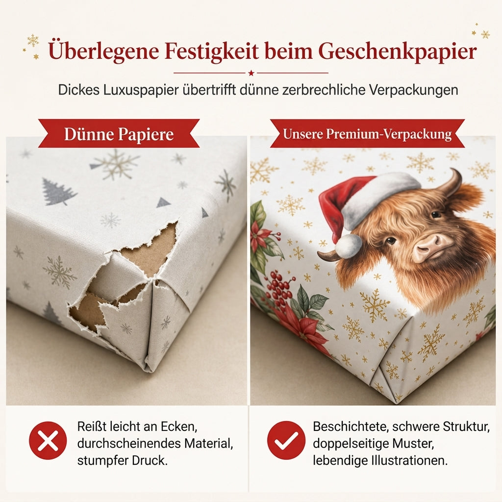 🎄 Nur für kurze Zeit 50% Rabatt! 🐄 Weihnachtliche Geschenkpapierrolle mit schottischem Hochland-Rind und Blumenmotiv – doppelseitig, dick, große Rolle ✨