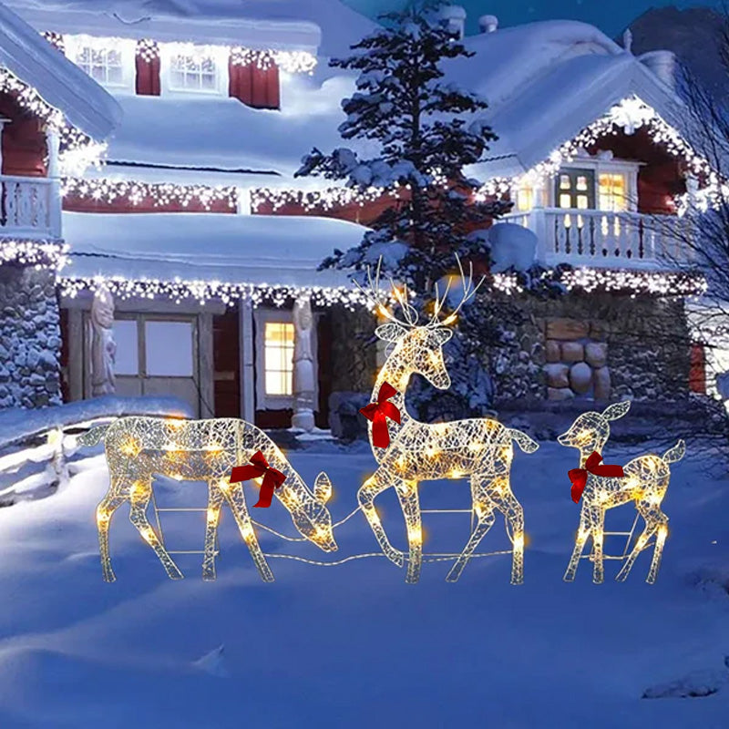 🎄🦌LED-Weihnachtsrentier-Set mit Schleife – dekorative Rentierfamilie für drinnen und draußen