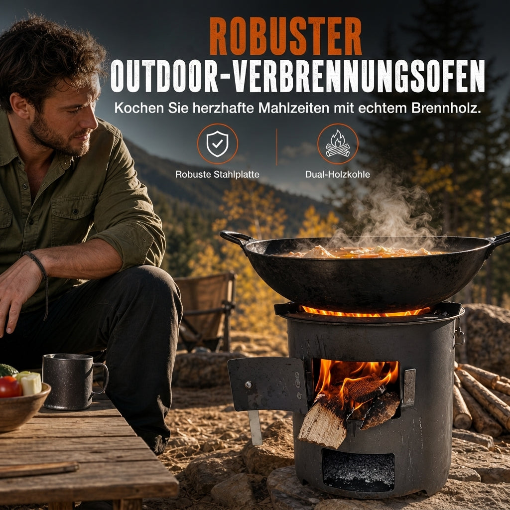 Multifunktionaler tragbarer Holz- und Kohleofen mit rostfester Kochplatte für Outdoor-Camping, Grillen, Kochen und Heizen