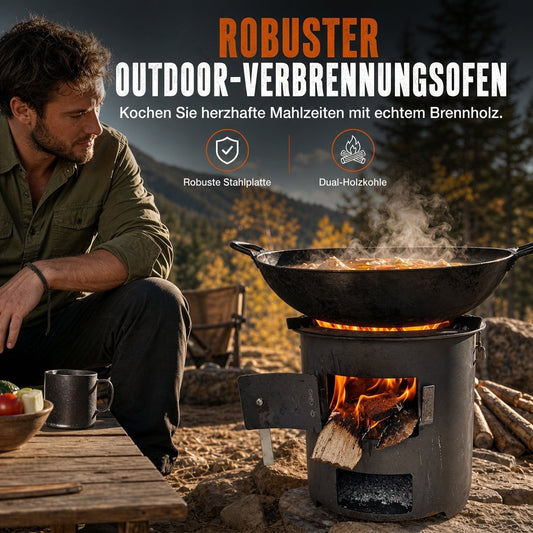 Multifunktionaler tragbarer Holz- und Kohleofen mit rostfester Kochplatte für Outdoor-Camping, Grillen, Kochen und Heizen
