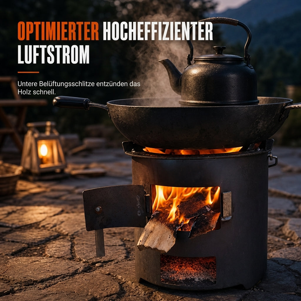 Multifunktionaler tragbarer Holz- und Kohleofen mit rostfester Kochplatte für Outdoor-Camping, Grillen, Kochen und Heizen