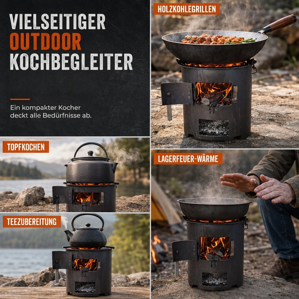 Multifunktionaler tragbarer Holz- und Kohleofen mit rostfester Kochplatte für Outdoor-Camping, Grillen, Kochen und Heizen