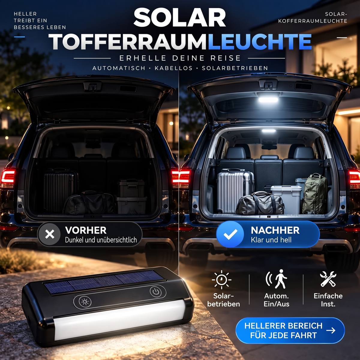 🔆 Solar-LED-Kofferraumleuchte für Autos – mit automatischem Sensor, kabellos, 6 Farben, für SUVs und Fahrzeuge