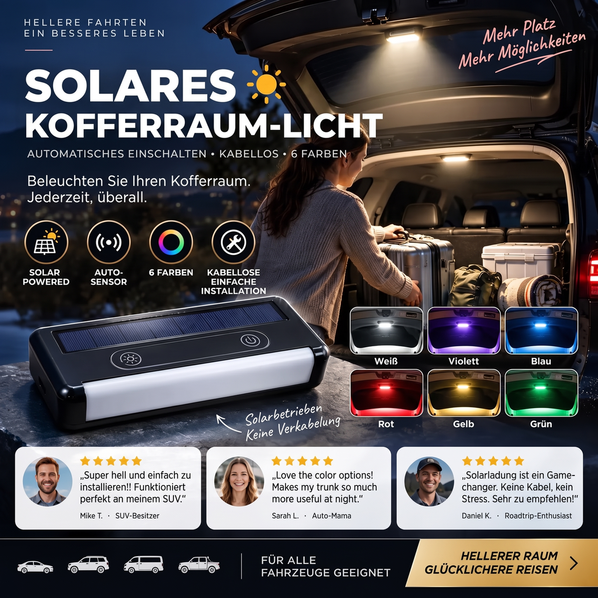 🔆 Solar-LED-Kofferraumleuchte für Autos – mit automatischem Sensor, kabellos, 6 Farben, für SUVs und Fahrzeuge