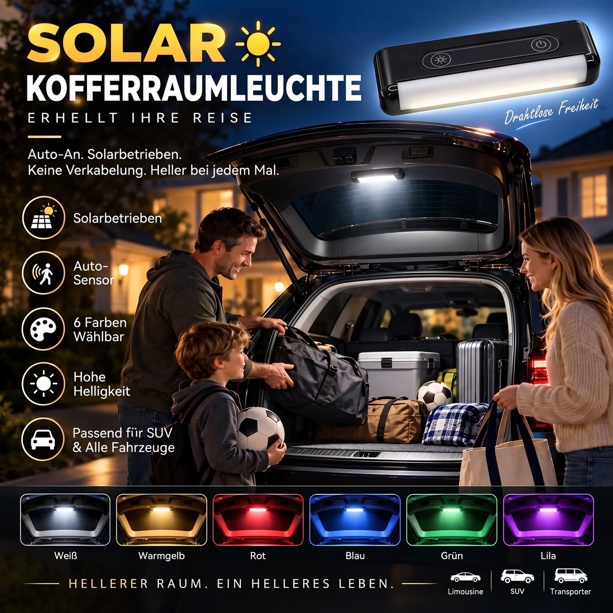 🔆 Solar-LED-Kofferraumleuchte für Autos – mit automatischem Sensor, kabellos, 6 Farben, für SUVs und Fahrzeuge