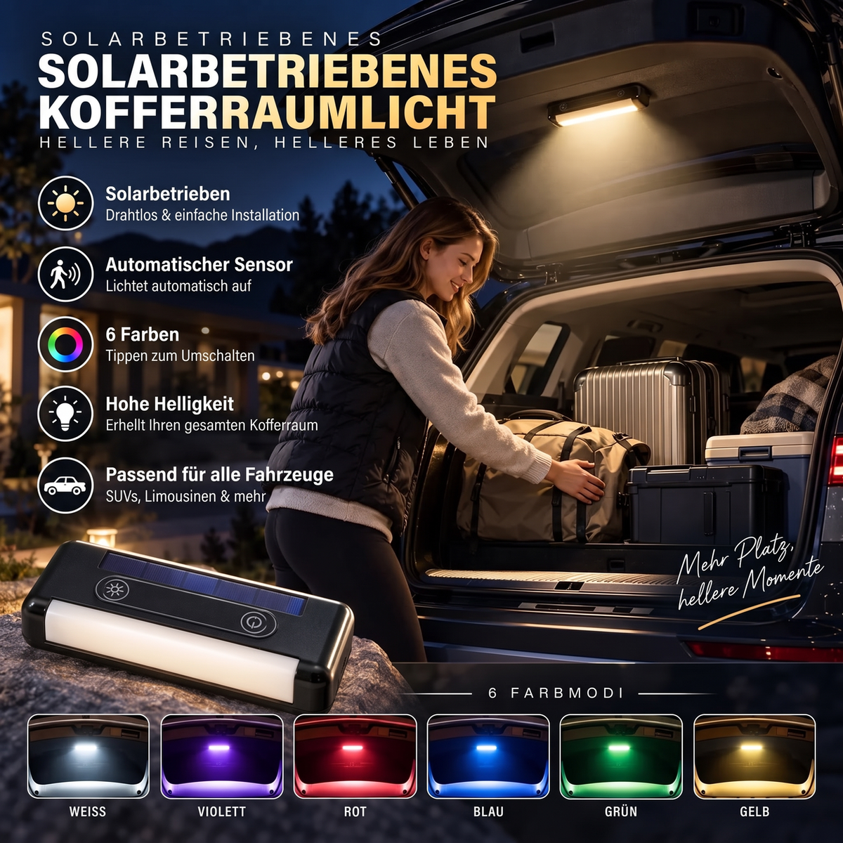 🔆 Solar-LED-Kofferraumleuchte für Autos – mit automatischem Sensor, kabellos, 6 Farben, für SUVs und Fahrzeuge