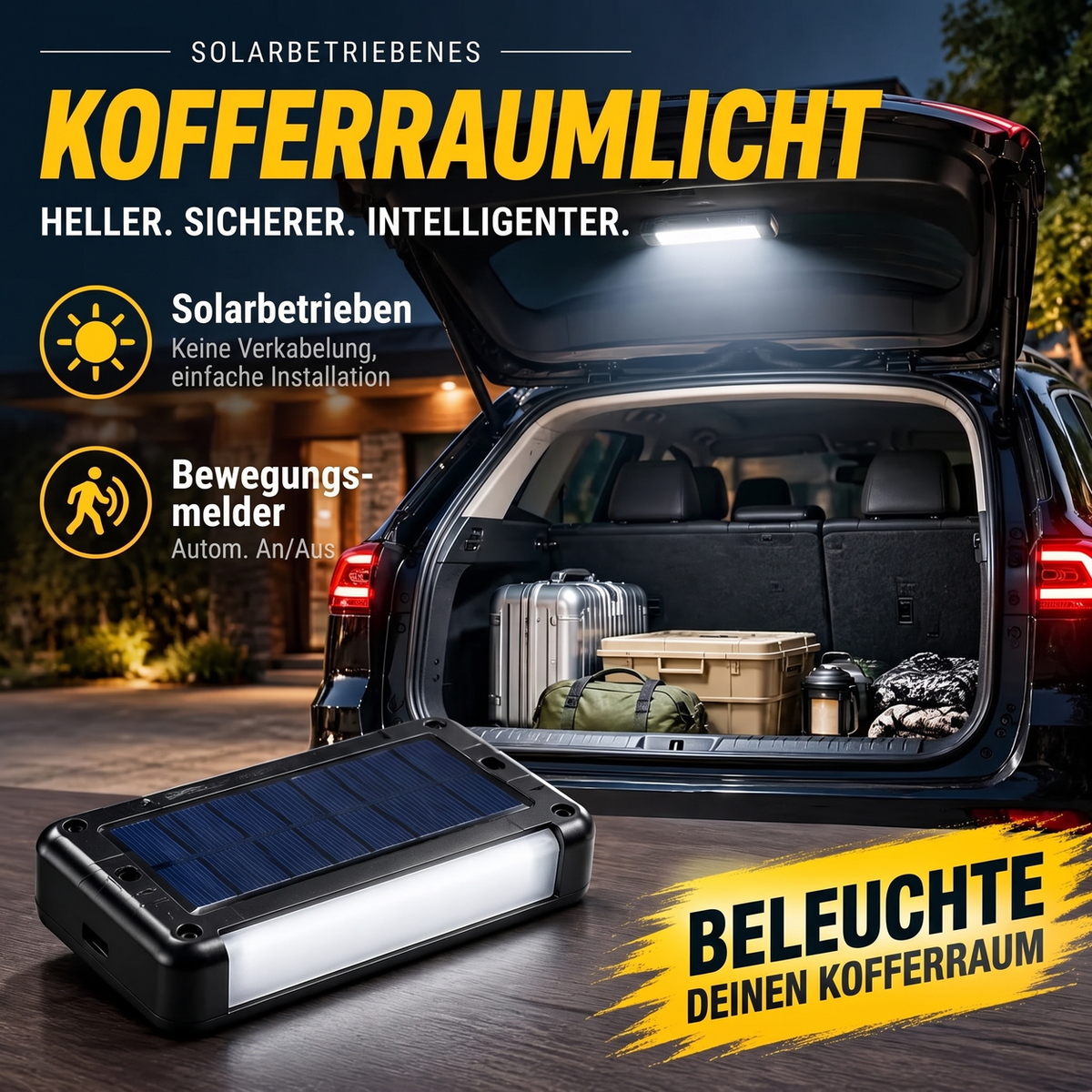 🔆 Solar-LED-Kofferraumleuchte für Autos – mit automatischem Sensor, kabellos, 6 Farben, für SUVs und Fahrzeuge