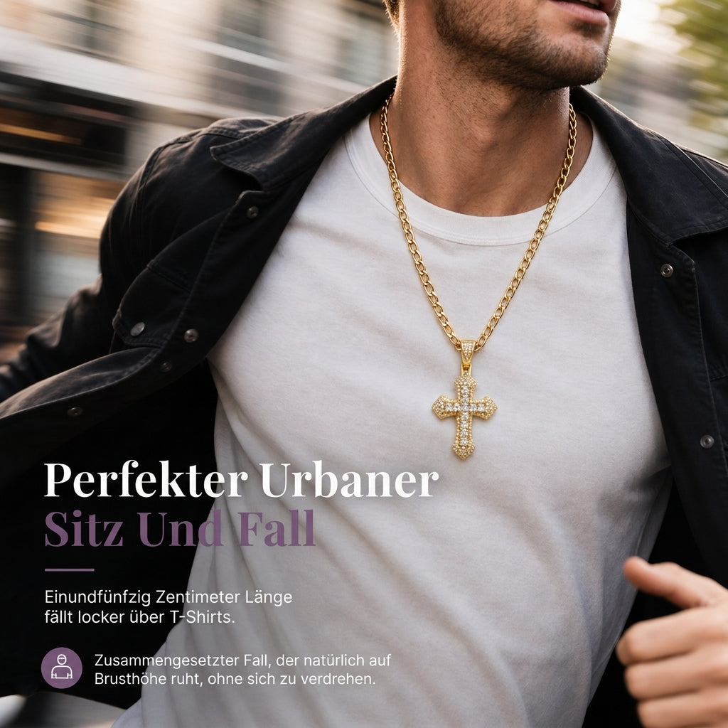 ✝️ LIMITIERTES ANGEBOT 50% RABATT! ✨ Zweilagige Kreuz-Halskette – Zirkonia besetzt, Figaro-Glieder, Hip-Hop Stil 🪙