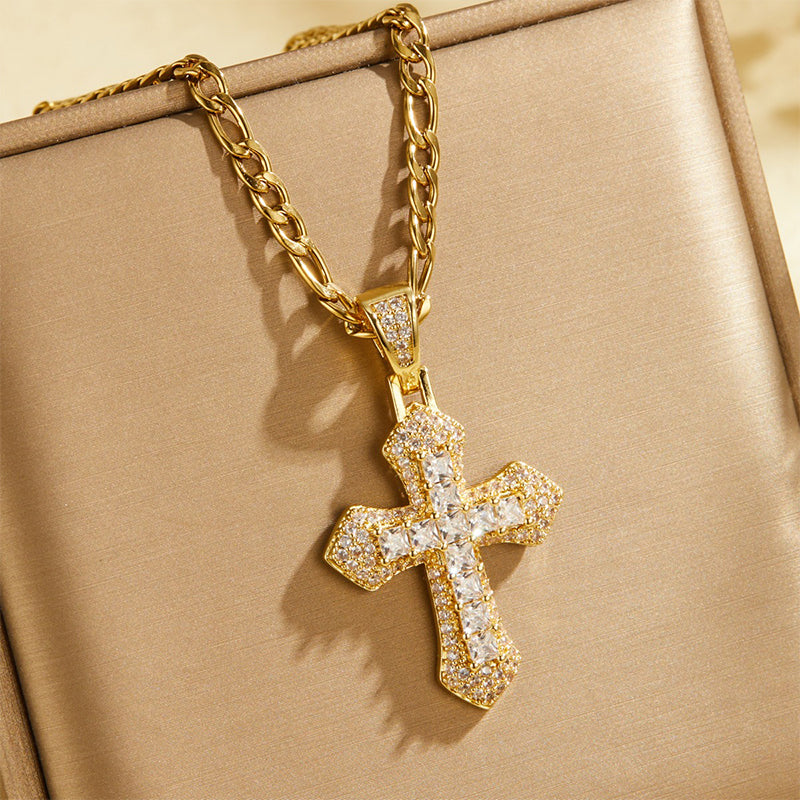 ✝️ LIMITIERTES ANGEBOT 50% RABATT! ✨ Zweilagige Kreuz-Halskette – Zirkonia besetzt, Figaro-Glieder, Hip-Hop Stil 🪙