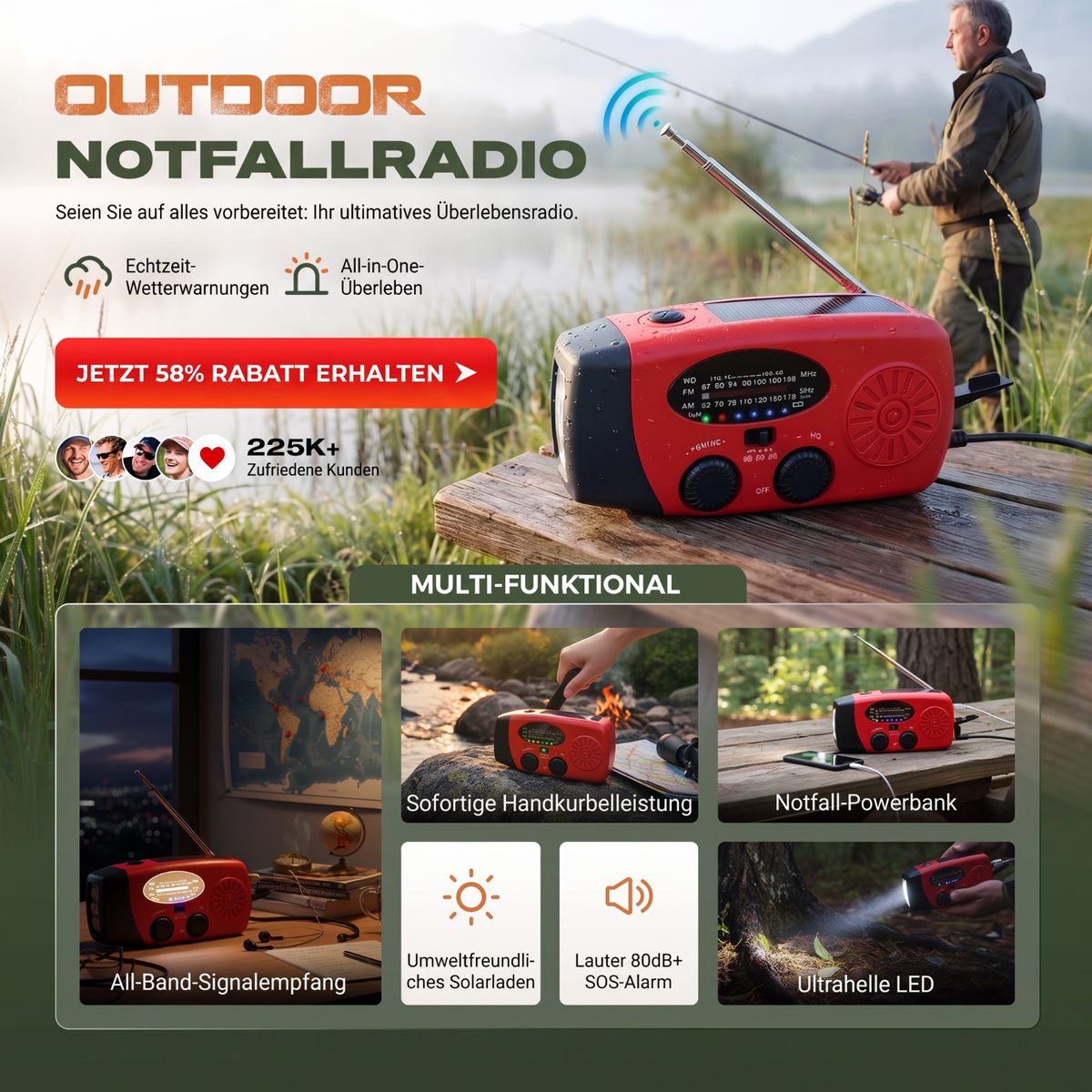 🏕️ LIMITIERTES ANGEBOT 50% RABATT! ✨ Solar-Notfallradio – Kurbelbetrieb, Licht, Powerbank 📻